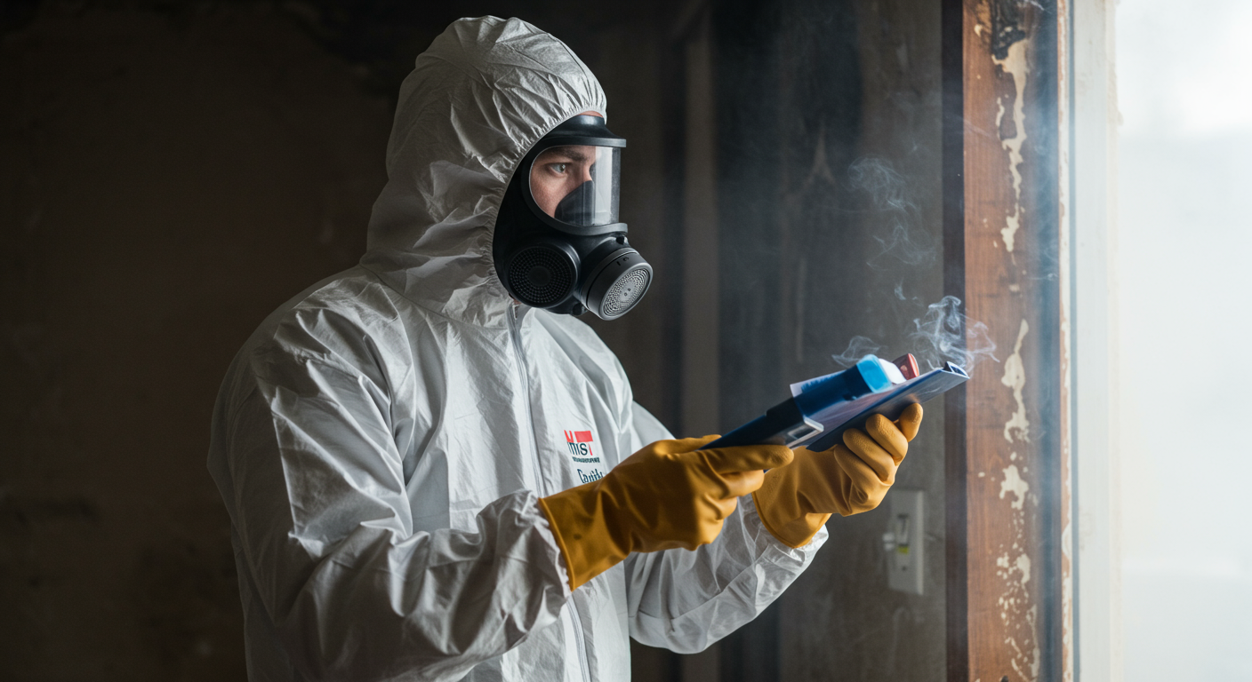 A certified technician wearing protective gear while assessing smoke damage in a home. The look on their face shows determination and expertise.