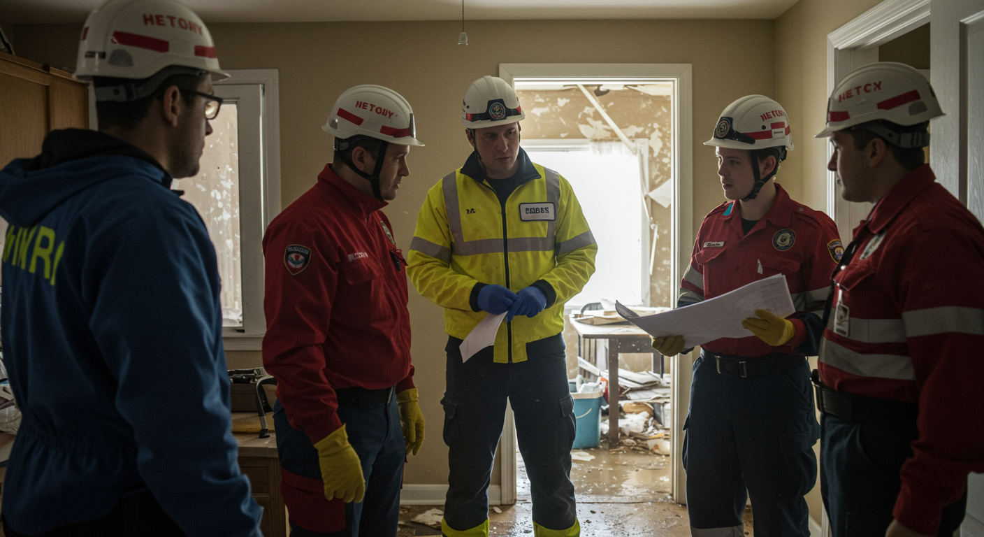 A team of emergency cleaning professionals discussing a plan in a home affected by flooding, with visible water damage in the background.
