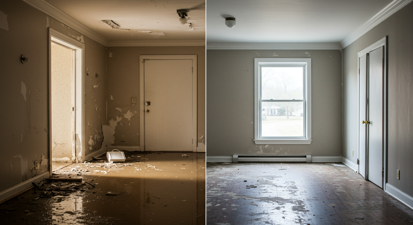 A dynamic image showing a split scene: one side depicts a flooded room before restoration, and the other side shows the same room fully restored. The restored side is clean and organized, while the flooded side has water damage and debris.