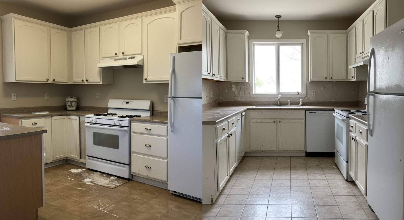 A side-by-side comparison of a kitchen before and after water damage restoration. The left side shows a flooded kitchen with water pooling on the floor, while the right side shows the same kitchen fully restored and clean.