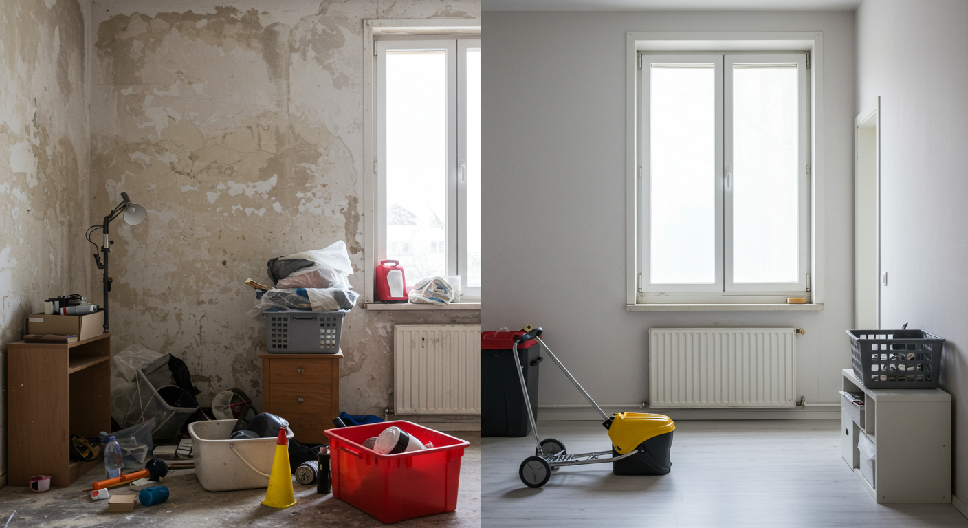 A before-and-after split image showing a cluttered, dirty room on one side and a spotless, organized room on the other, showcasing the transformational power of emergency cleaning services.