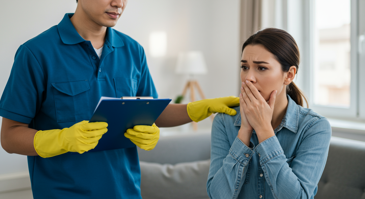 A cleaning professional reassuring a distressed customer in a residential setting. The professional is holding a clipboard while the customer looks relieved, emphasizing trust, compassion, and professionalism.
