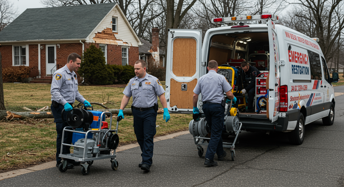 A professional emergency restoration team in uniform arriving at a damaged residential property in Warren, OH. The team is unloading equipment like water extractors and air movers from a branded van. The background shows a suburban neighborhood with visible storm damage (e.g., fallen tree branches and debris).