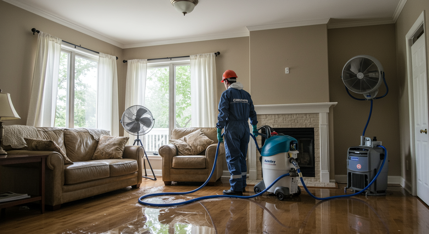 A professional restoration technician using industrial-grade water extraction equipment in a flooded living room. The room has visible water pooling on the floor, with furniture slightly elevated to prevent further damage. The technician is wearing safety gear, and the background shows drying fans and dehumidifiers in operation.