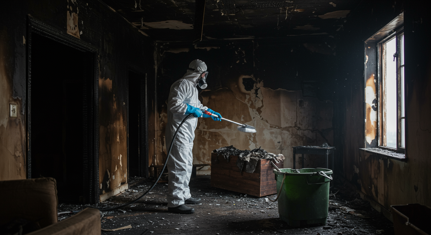 A professional cleaner wearing protective gear, carefully restoring a fire-damaged room. The image features charred walls and furniture in the background, with the cleaner using specialized equipment to remove soot and debris. The atmosphere conveys urgency and expertise.