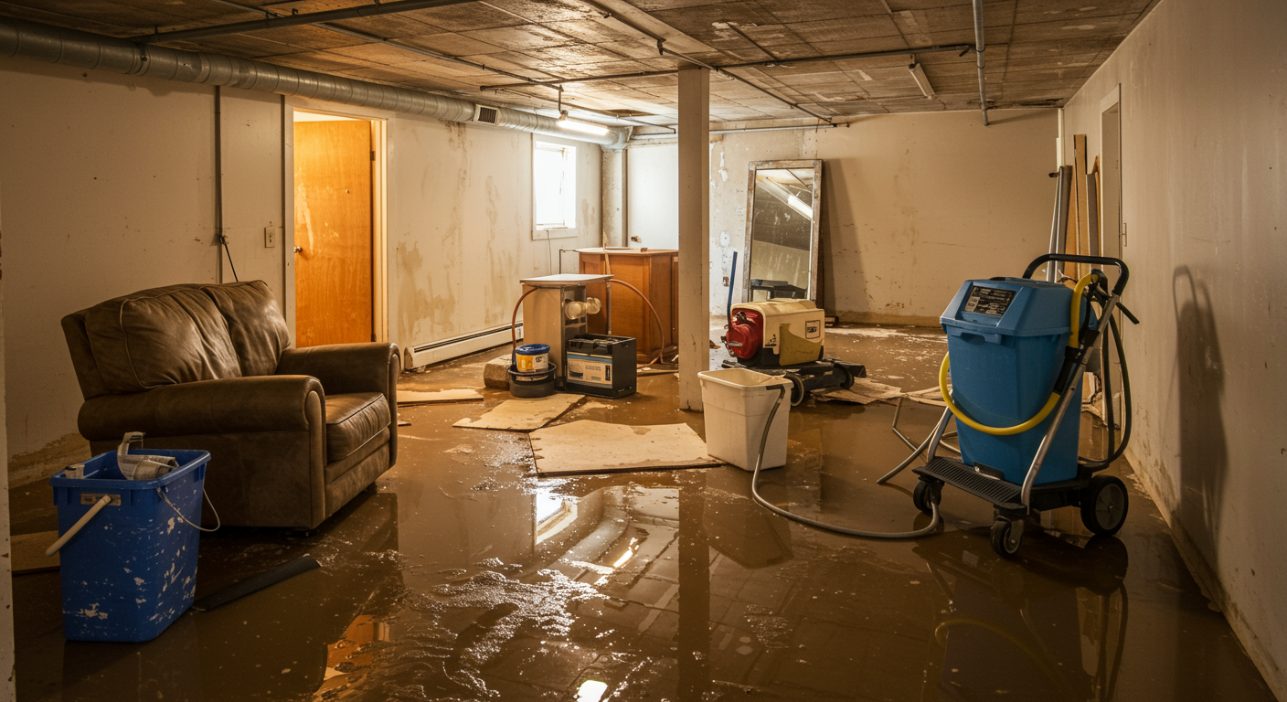 A flooded basement with water pooling on the floor, damaged furniture, and restoration equipment ready for use. The image captures the urgency of the situation.