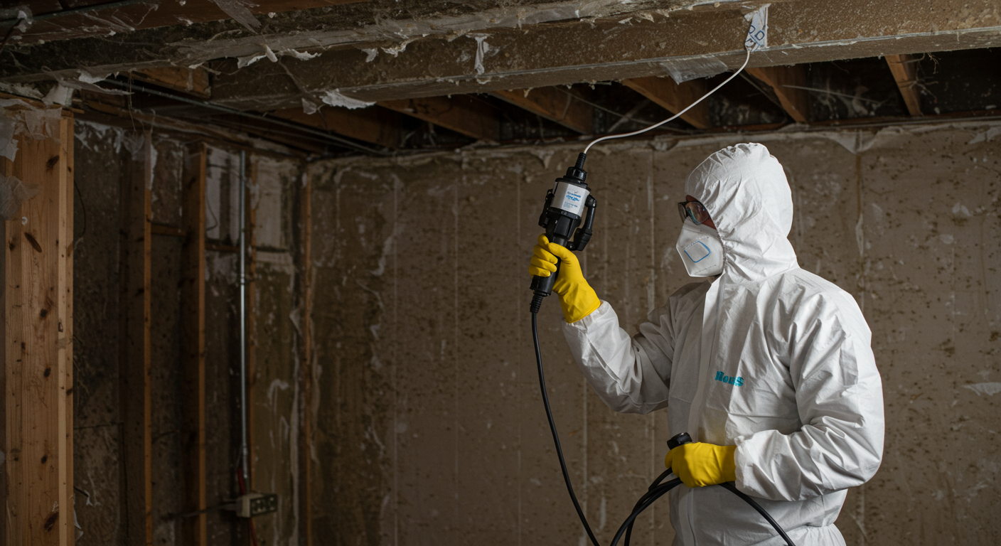 A professional wearing protective gear performing mold remediation in a basement in Elyria, OH. The background shows mold-affected walls, and the technician is using specialized equipment to remove the mold.