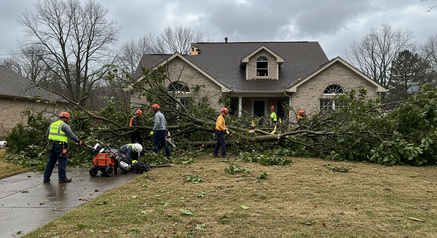 A storm-damaged house exterior with fallen branches and debris being cleared by a restoration team. The team is actively working, with one person using a chainsaw and others cleaning up. The sky is cloudy, reflecting the aftermath of a storm.