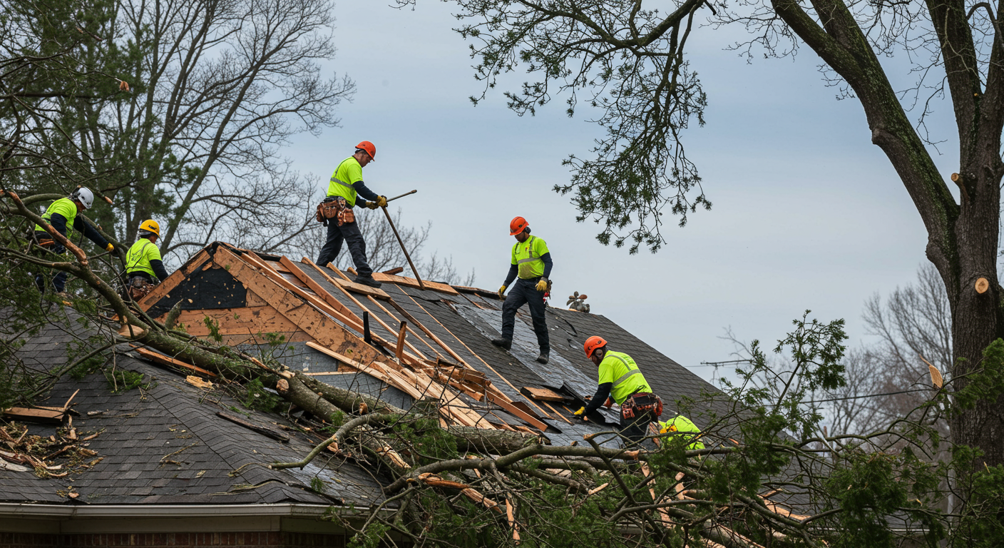 A restoration crew repairing a roof damaged by a storm. The scene includes fallen branches and debris being cleared, with the team working on structural repairs. The background features a suburban home with a clear blue sky, symbolizing recovery and restoration.