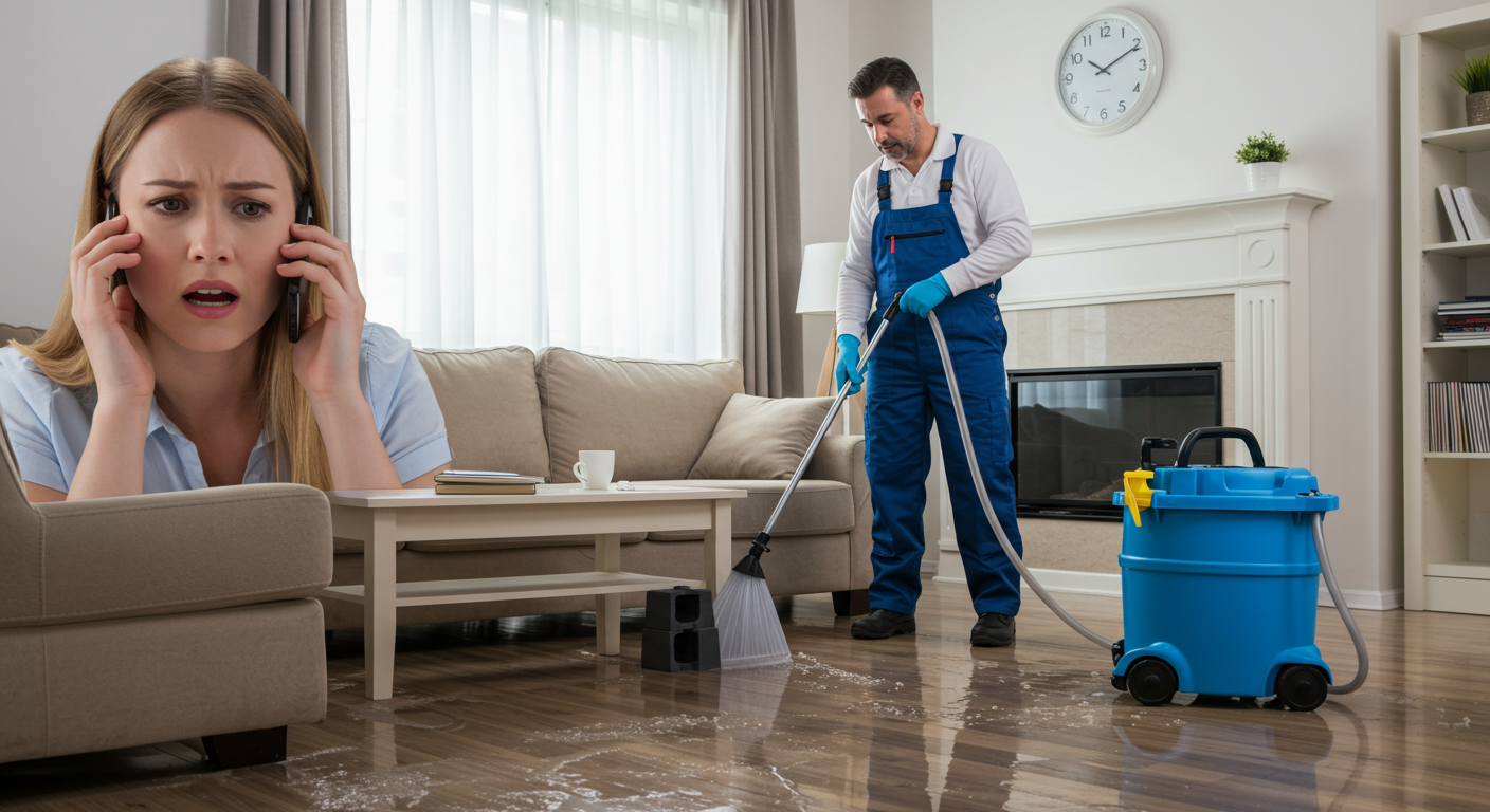 A flooded living room with water pooling on the floor, furniture slightly elevated on blocks to prevent further damage. A restoration professional in uniform is actively using water extraction equipment. The background shows a distressed homeowner talking on the phone, presumably calling for emergency help.