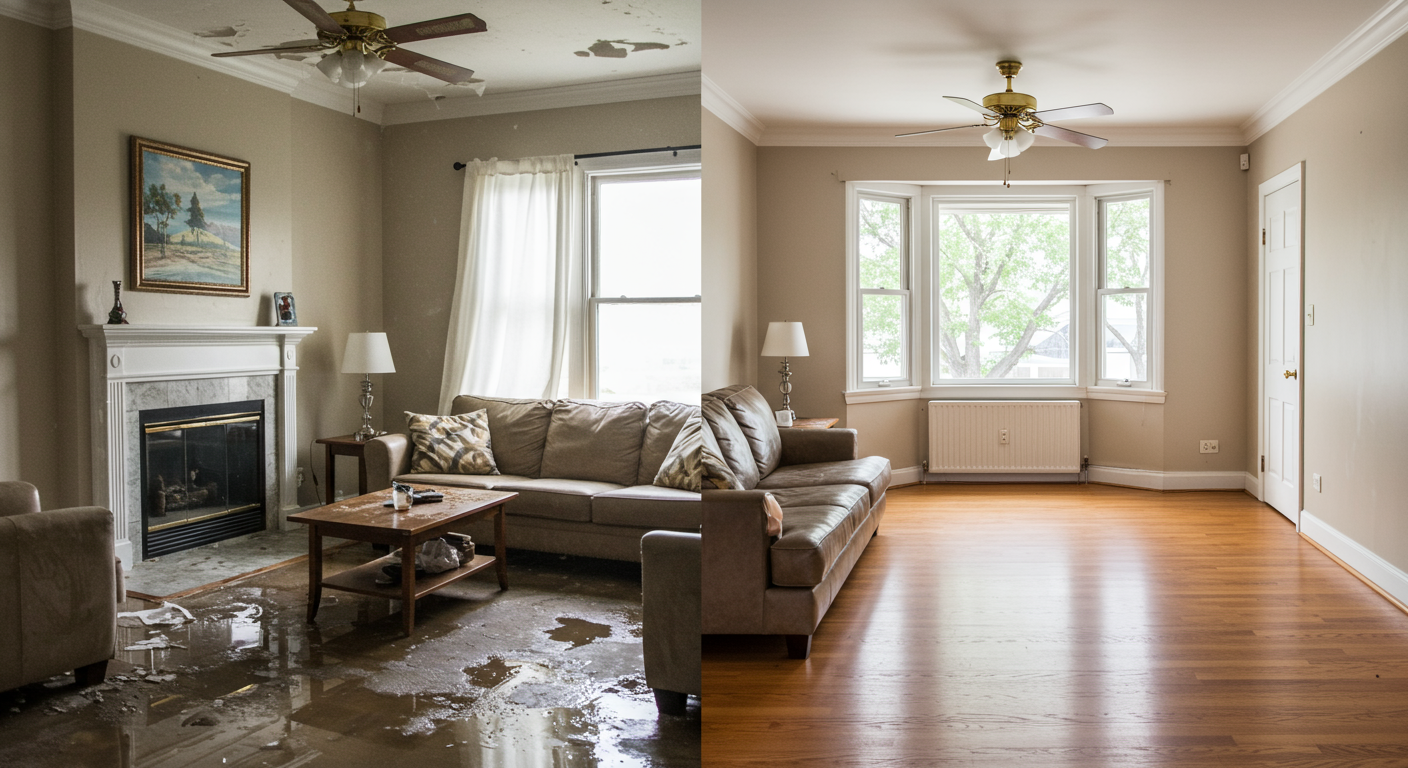 A split image showing a room before water damage restoration (with visible water stains and debris) and after the restoration (clean, dry, and restored).