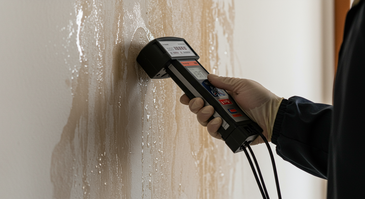 A technician inspecting a water-damaged area with a moisture meter, demonstrating the assessment phase of the restoration process.