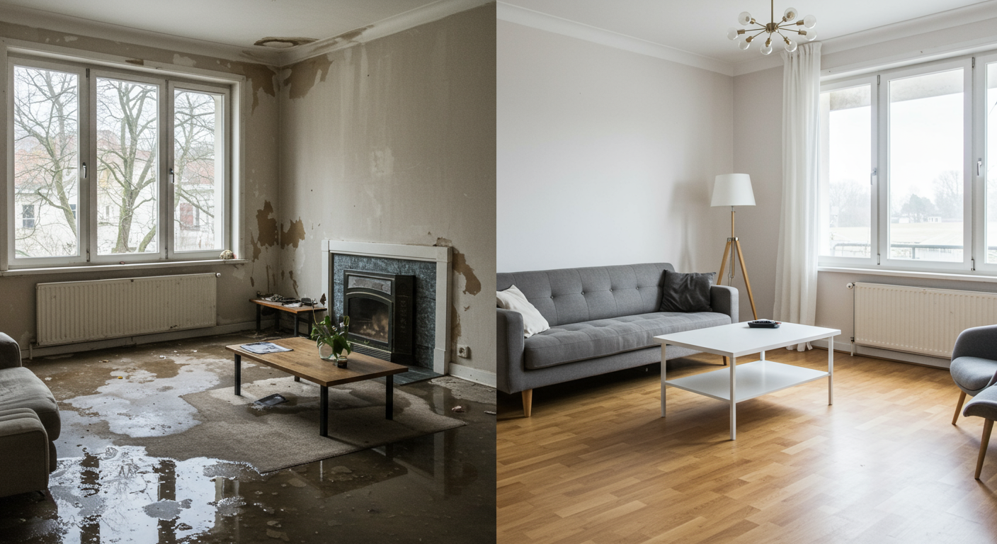 A split-screen image showing a living room before and after restoration. The left side shows water damage with soaked carpets and furniture, while the right side shows a fully restored, clean, and dry room.