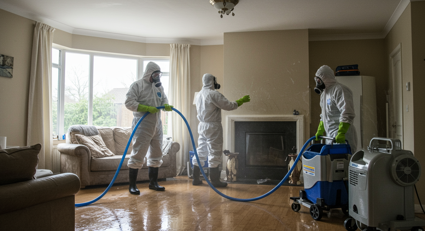 A professional restoration team in action, wearing protective gear, extracting water from a flooded residential living room. The room has visible water damage, with furniture slightly elevated to prevent further damage. The background shows equipment like industrial fans and dehumidifiers in operation.