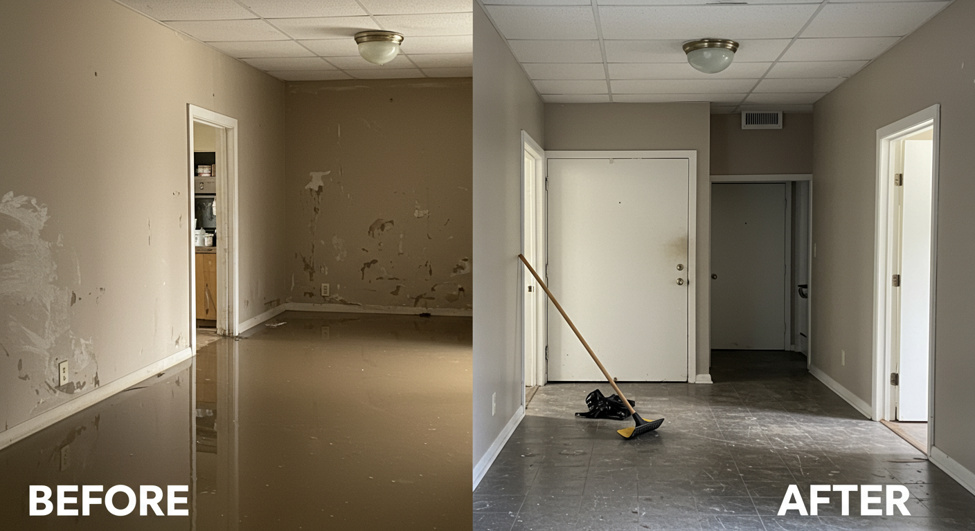 A before-and-after comparison scene, where one side shows a flooded area and the other side shows the same area after cleanup, highlighting the effectiveness of professional restoration services.