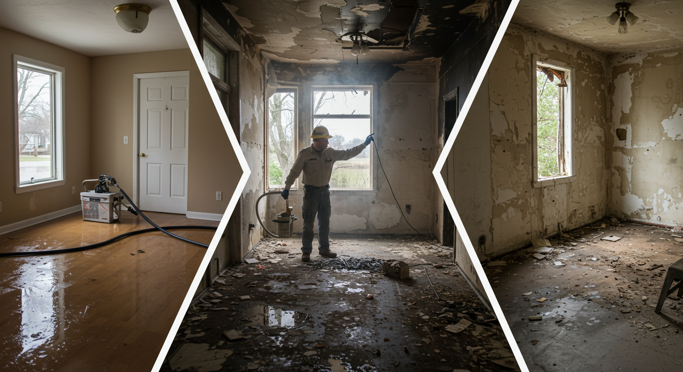 A split image showing three different scenes: a flooded room being restored, a fire-damaged area being assessed, and a mold-infested space being treated. This concept visually represents the range of services offered by the restoration company.