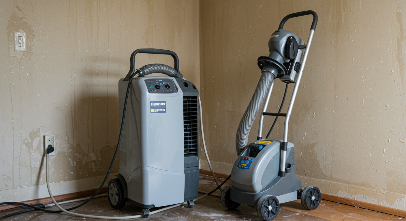 A dehumidifier and air mover in action, drying out a water-damaged room.
