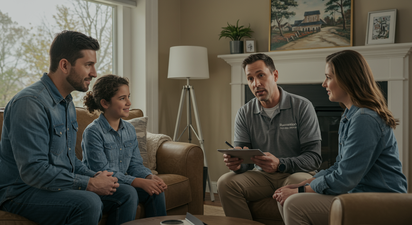 A family interacting with a restoration expert in their home, discussing the restoration process. The expert is showing empathy and providing reassurance, emphasizing the personal touch and support offered by local companies.