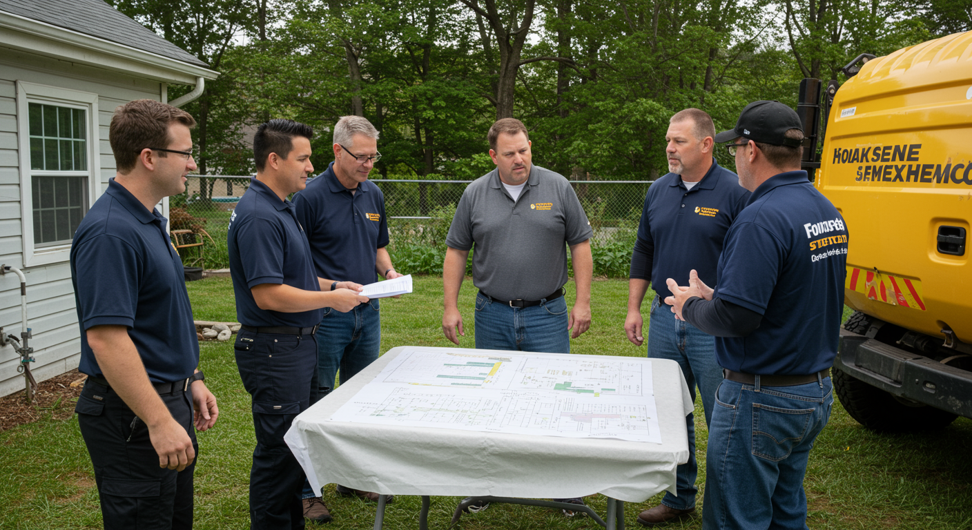 Local sewage removal professionals discussing a maintenance plan with a homeowner in their yard.
