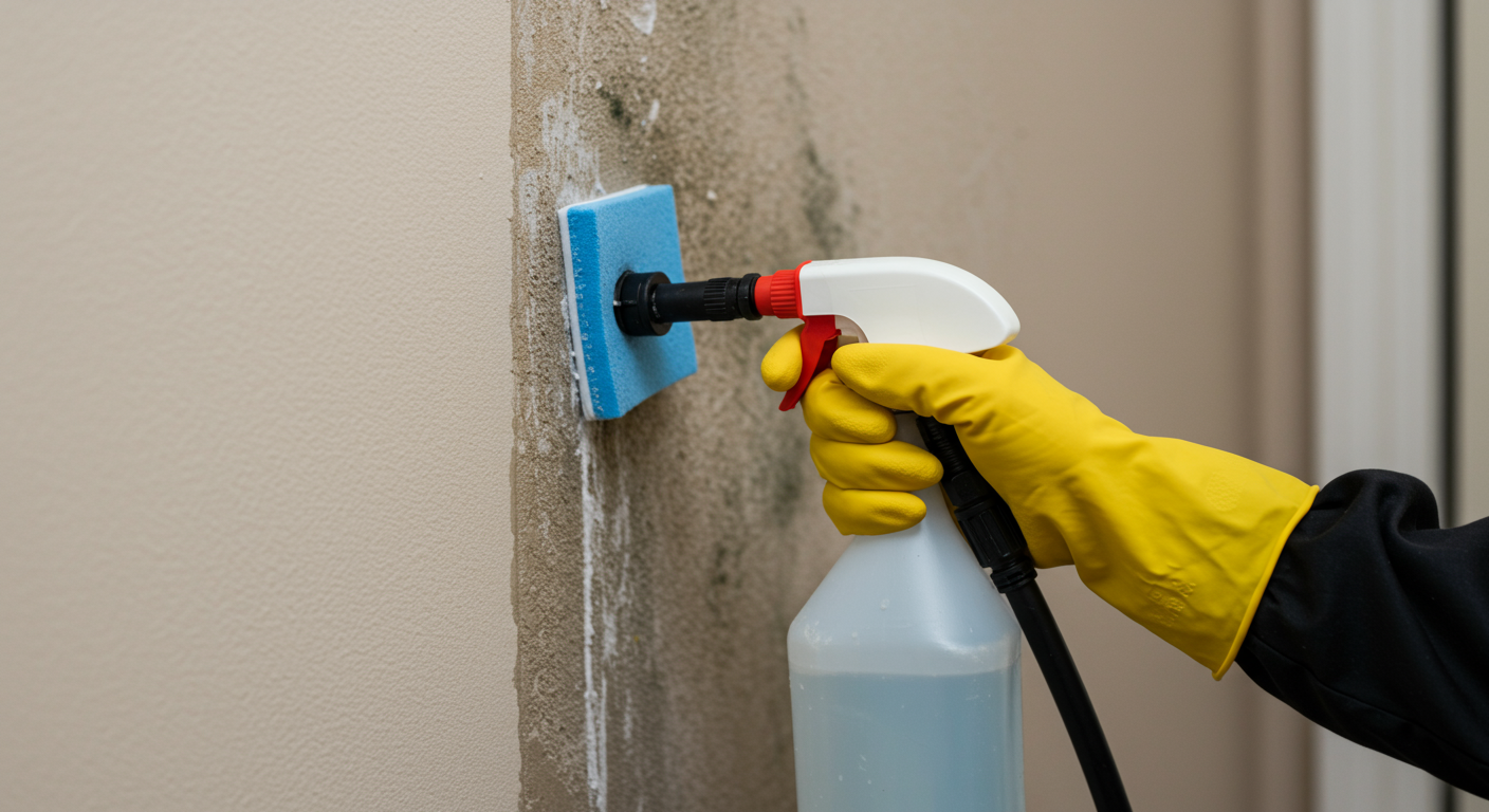A close-up of a technician applying mold remediation solutions to a wall, showcasing the process of cleaning and restoring a home from mold damage.