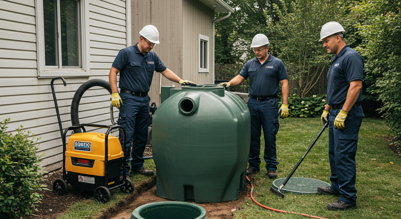 A professional septic service team in uniforms, actively working on a septic tank in a residential backyard. The scene captures the team using tools and equipment, showcasing their expertise.