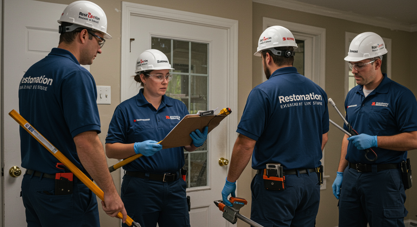 A team of restoration professionals in branded uniforms working together to assess water damage in a residential home.