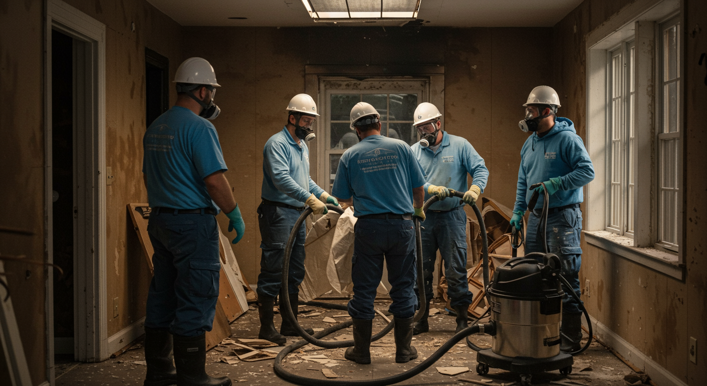A team of restoration professionals working together to remove damaged materials from a home after a fire. They are wearing protective gear and using equipment like vacuums and tools.