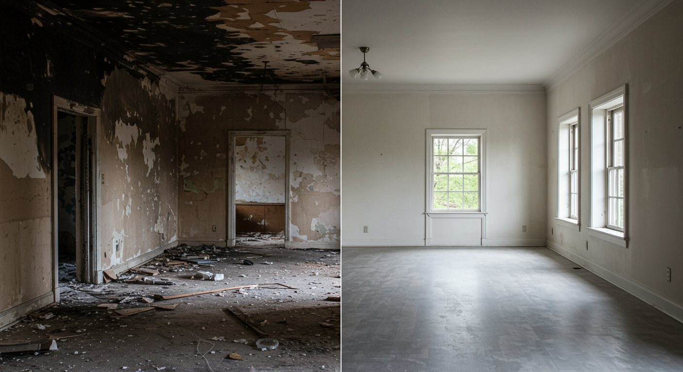 A split image showing a room before and after restoration from fire damage. The left side shows charred walls and debris, while the right side shows a clean, restored space.