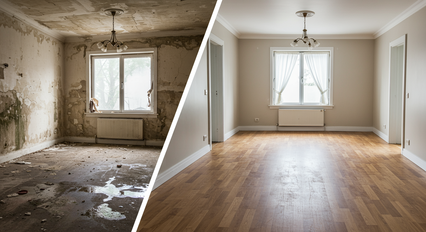A split image showing a room before water damage and after restoration, highlighting the transformation and effectiveness of the service.