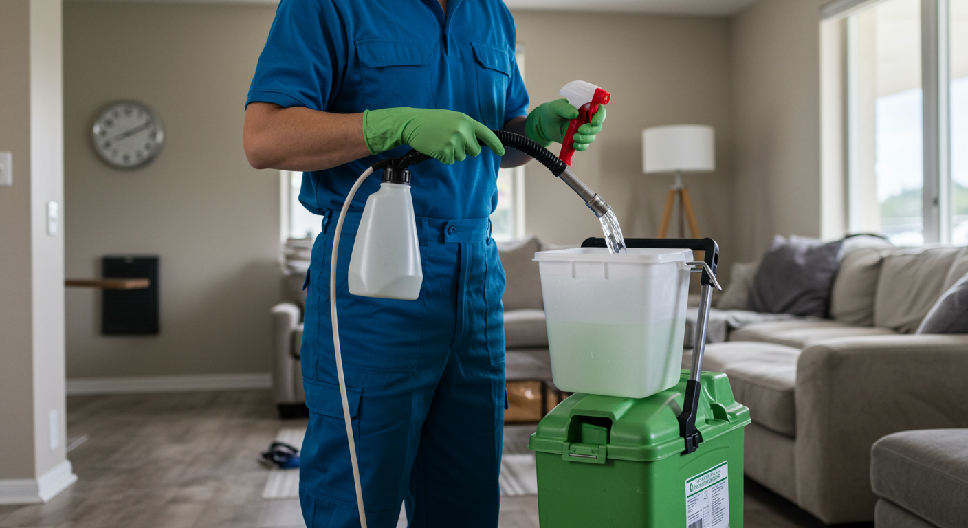 A technician demonstrating eco-friendly practices, such as using biodegradable cleaning solutions and equipment in a residential setting. The image conveys a commitment to sustainability in water extraction services.