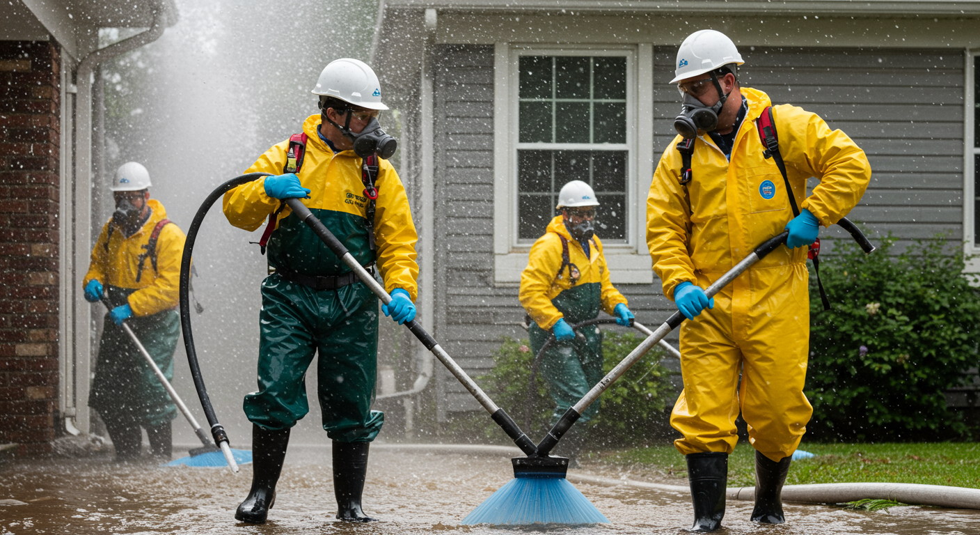 A professional water damage restoration team in action, wearing protective gear, actively working to remove water from a flooded home.