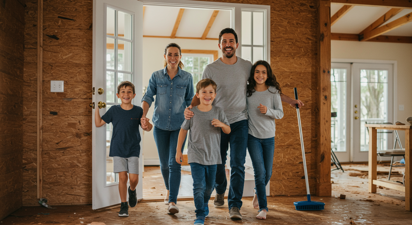 A family happily entering their restored home, with smiles on their faces. The background shows a clean and safe environment, symbolizing hope and recovery after a disaster.