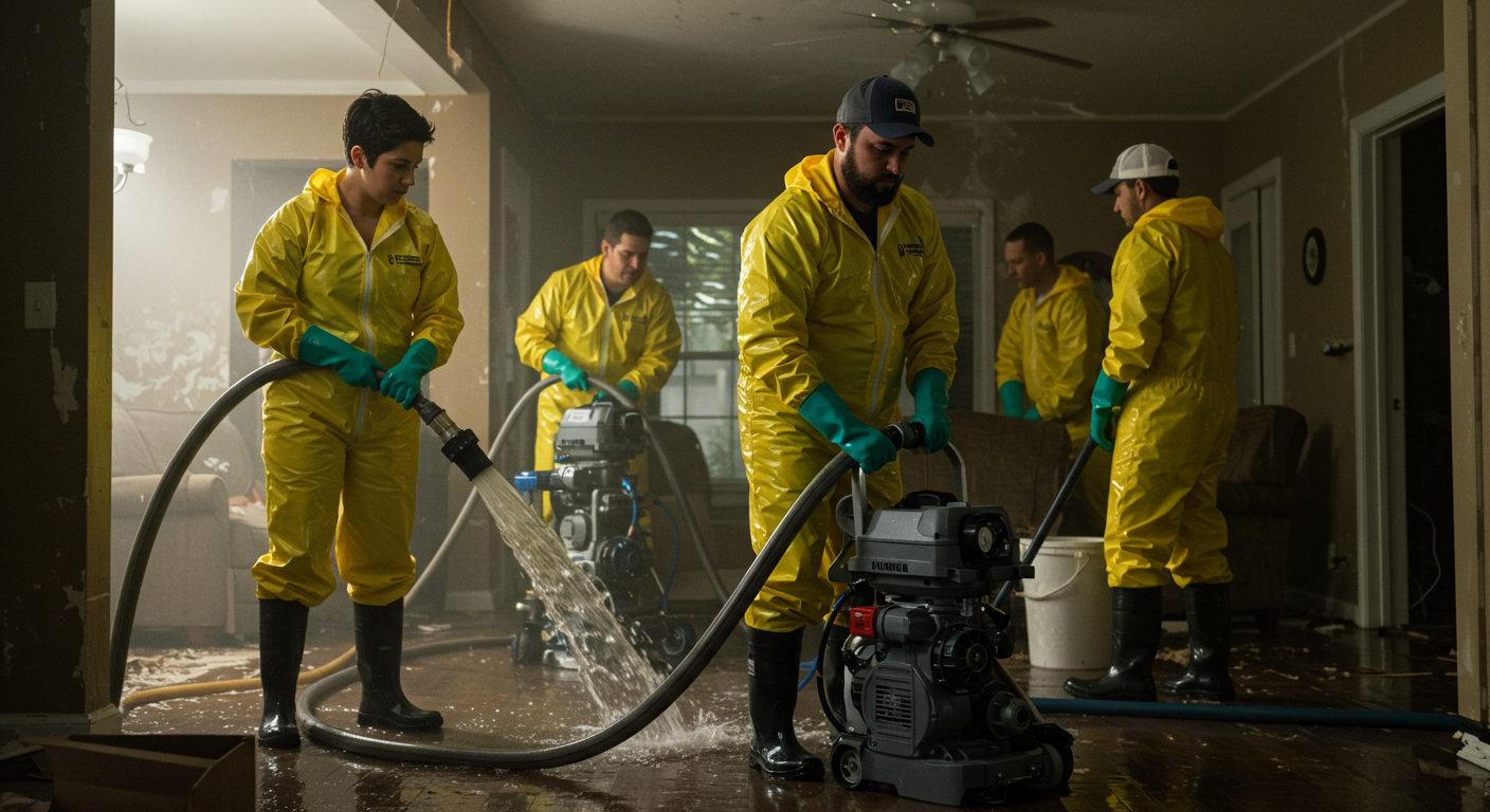 A team of professionals in protective gear actively working on a flooded home, using water extraction equipment.