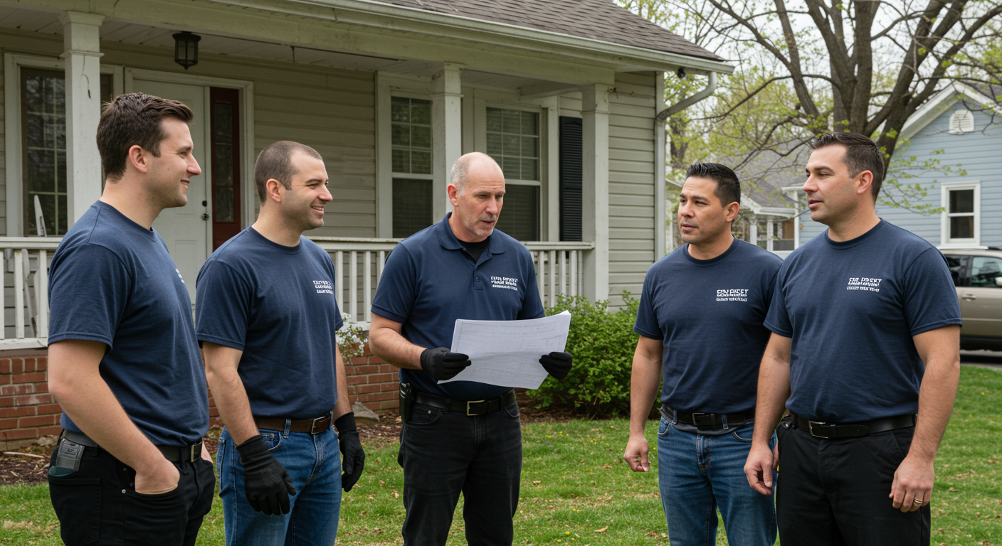 A friendly team of local water damage restoration professionals discussing a restoration plan in front of a Cincinnati home. The image conveys trust, community, and the collaborative effort involved in restoring properties.