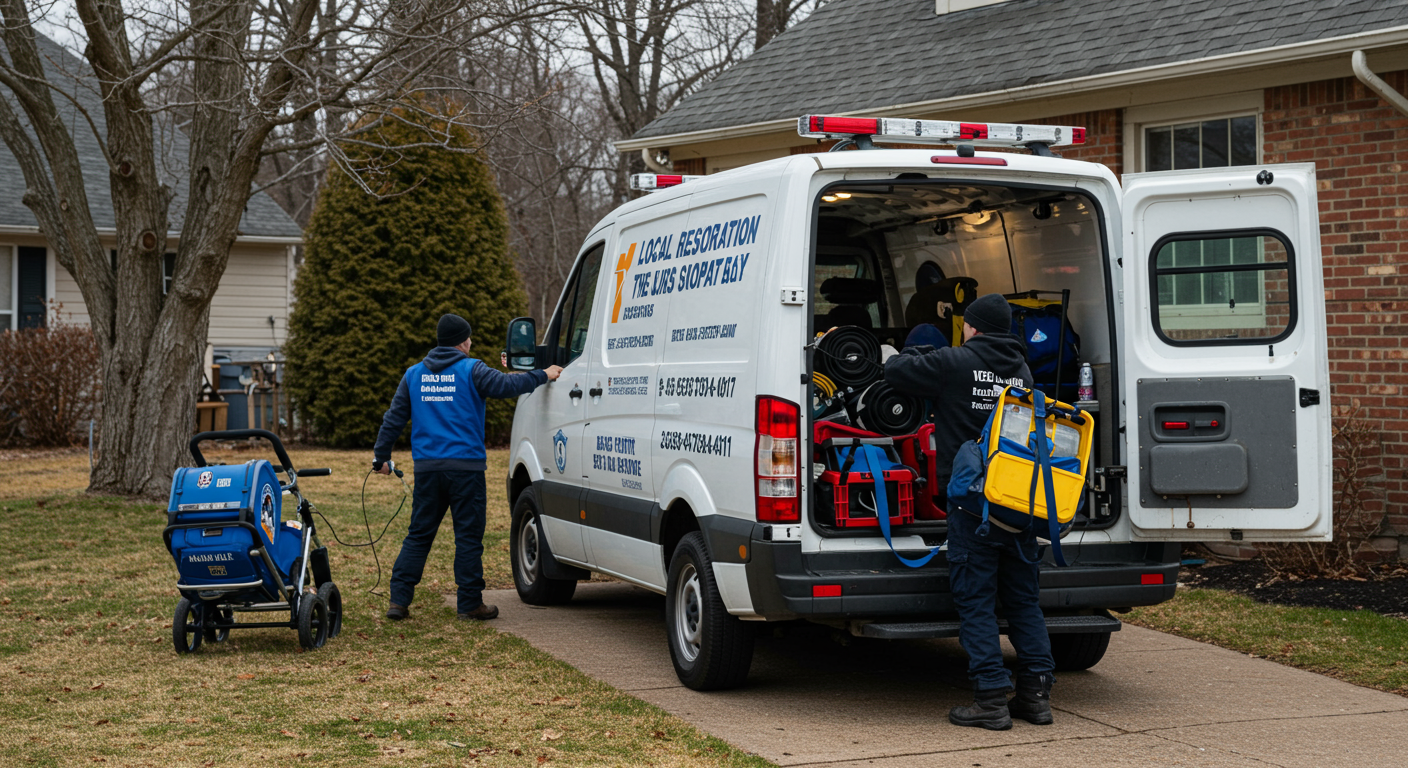 A local restoration company vehicle parked outside a home, with technicians unloading equipment. The setting includes a clear view of the Lancaster neighborhood, emphasizing local service.