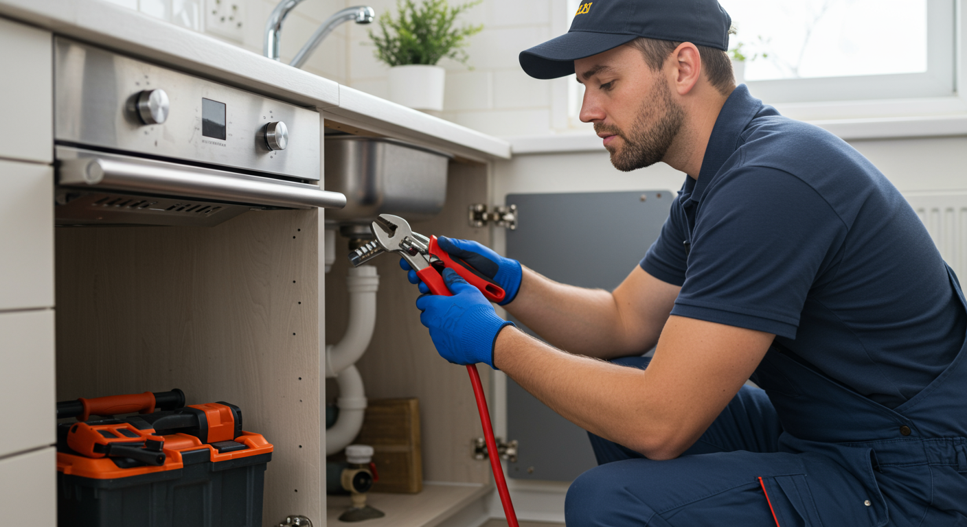 A skilled plumber in a uniform is seen repairing a leaky pipe under a kitchen sink, showcasing tools and equipment. The focus is on the plumber's expertise and attention to detail.