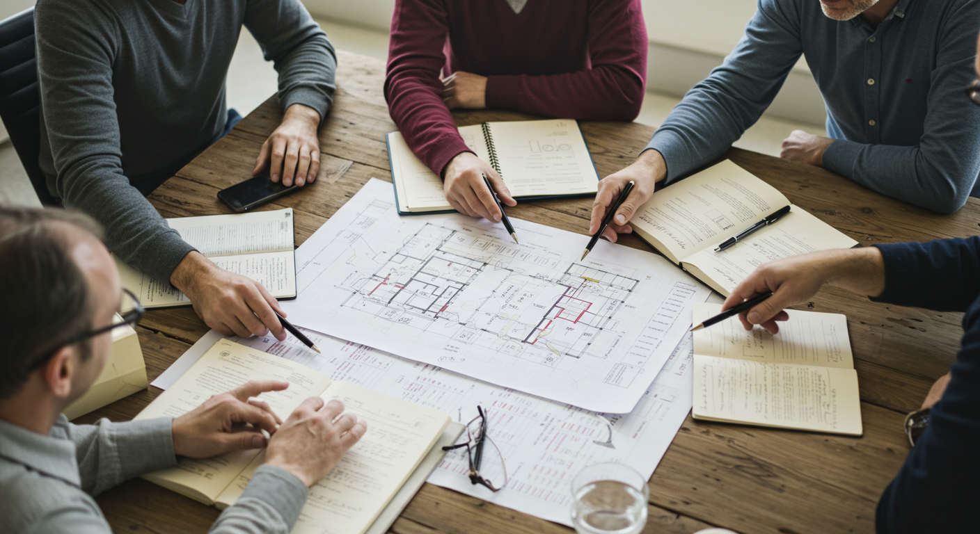 A group of restoration professionals gathered around a table, discussing a restoration plan with blueprints and equipment lists. The setting conveys teamwork and strategic planning for effective restoration.