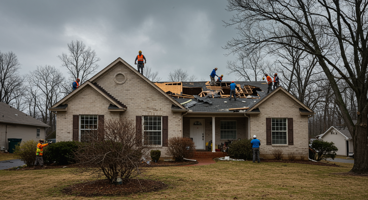 A dramatic shot of a storm-damaged house with restoration crews working on the roof and yard. The image conveys urgency and the need for immediate restoration services after a disaster.