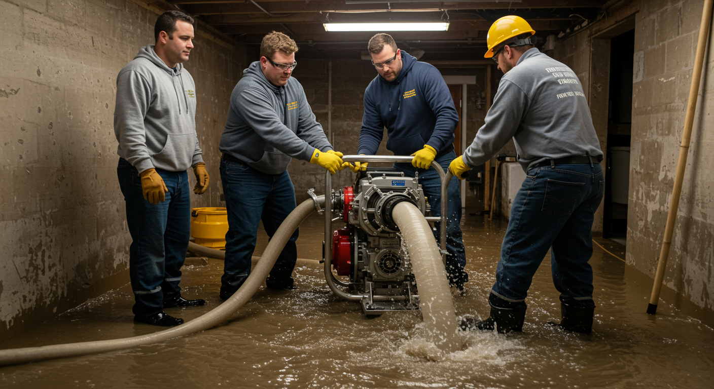 A team of restoration professionals working together to extract water from a flooded basement using a powerful pump. The scene shows teamwork and urgency.