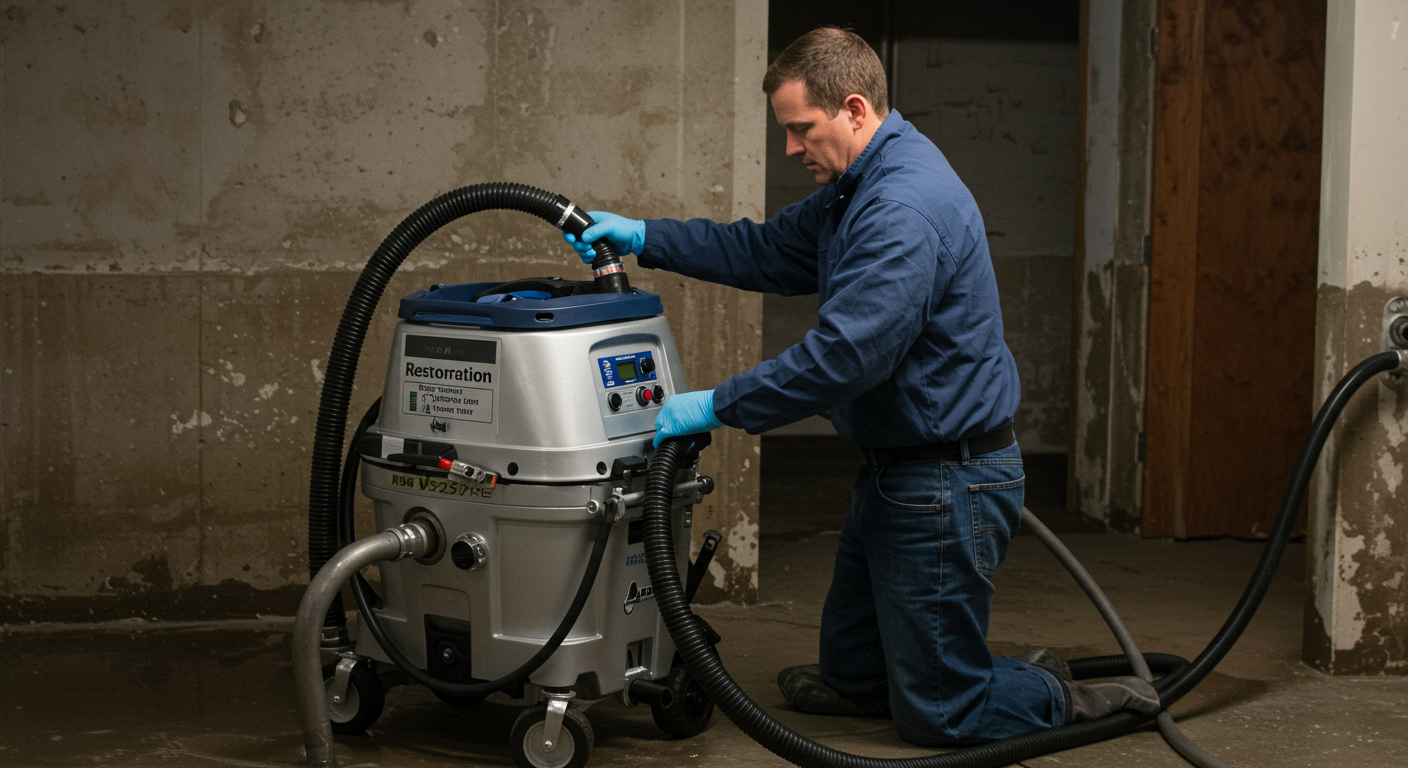 A restoration technician using specialized equipment to extract water from a flooded basement. The technician is focused and professional, demonstrating the restoration process.