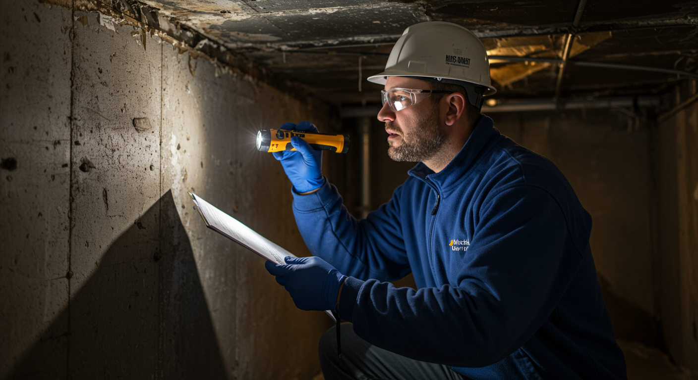 A technician inspecting a basement for water damage, using a flashlight and moisture meter.