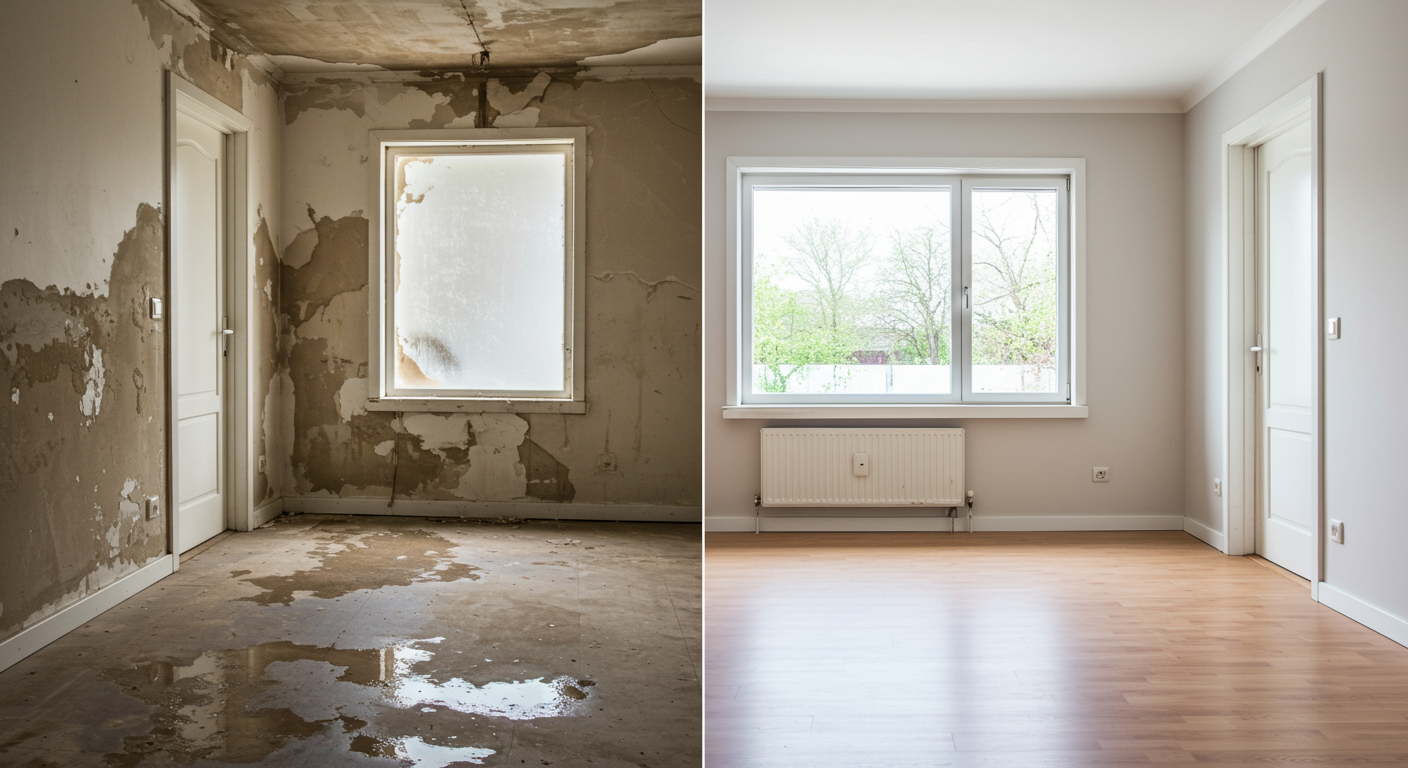 A split image showing a room before and after water damage restoration. The left side depicts a damaged area with water stains, while the right side shows the same area fully restored and clean.