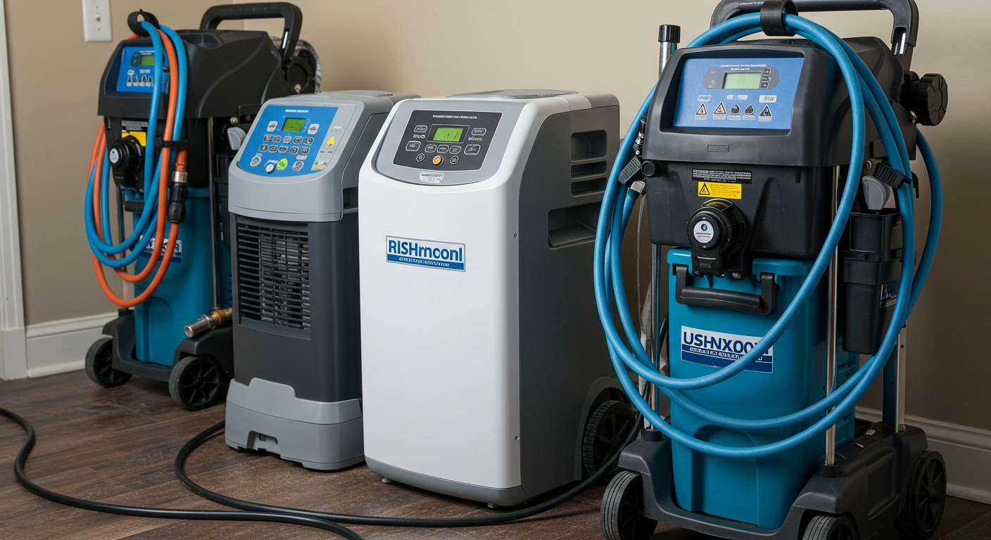 A close-up of professional water restoration equipment, such as dehumidifiers and water extraction machines, set up in a home.