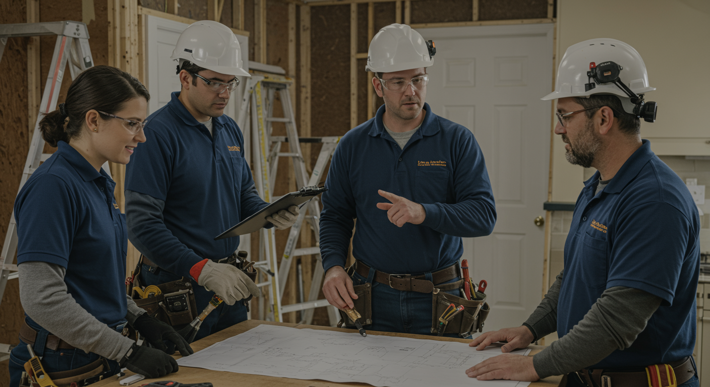 A restoration team working together to repair a home, with one member discussing the plan with the homeowner. The scene captures teamwork and customer interaction.