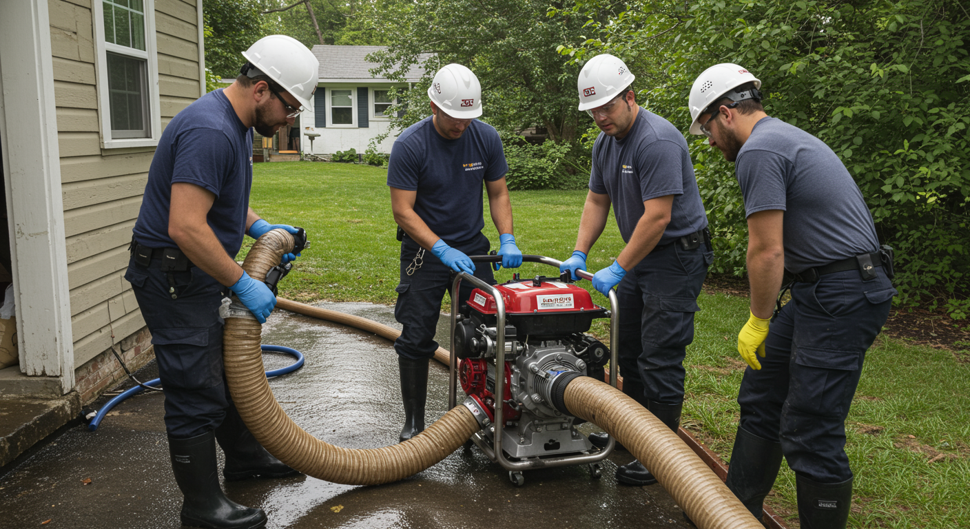 A restoration team actively working to extract water from a home using a pump. The focus is on the teamwork and equipment used in the process.