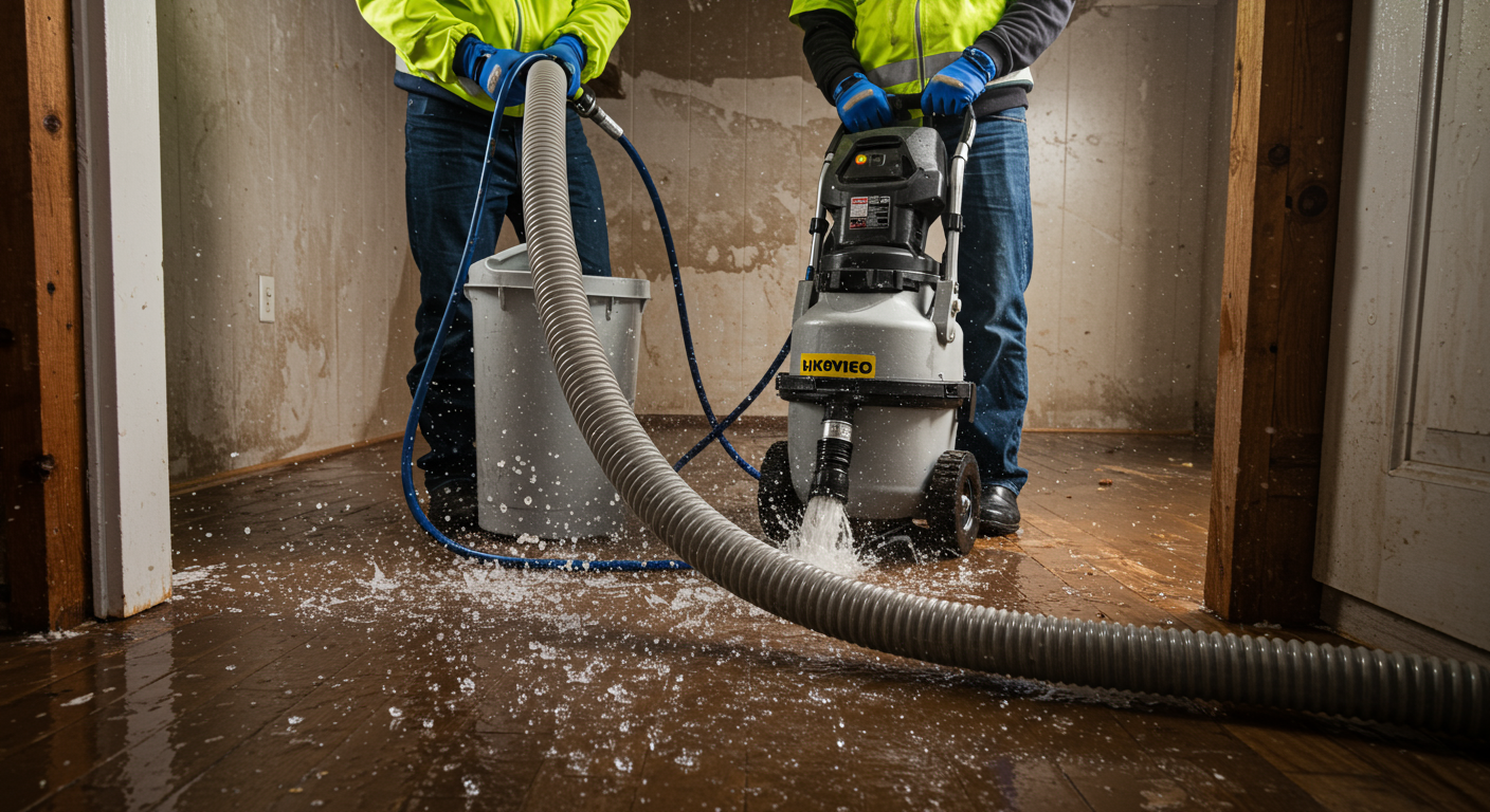 A restoration team using a powerful water extraction machine in a flooded basement.